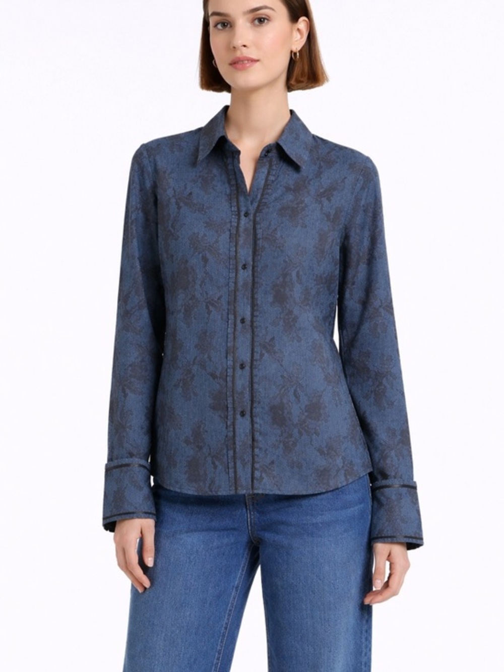 Robert Graham navy and black floral ruffle detail button blouse